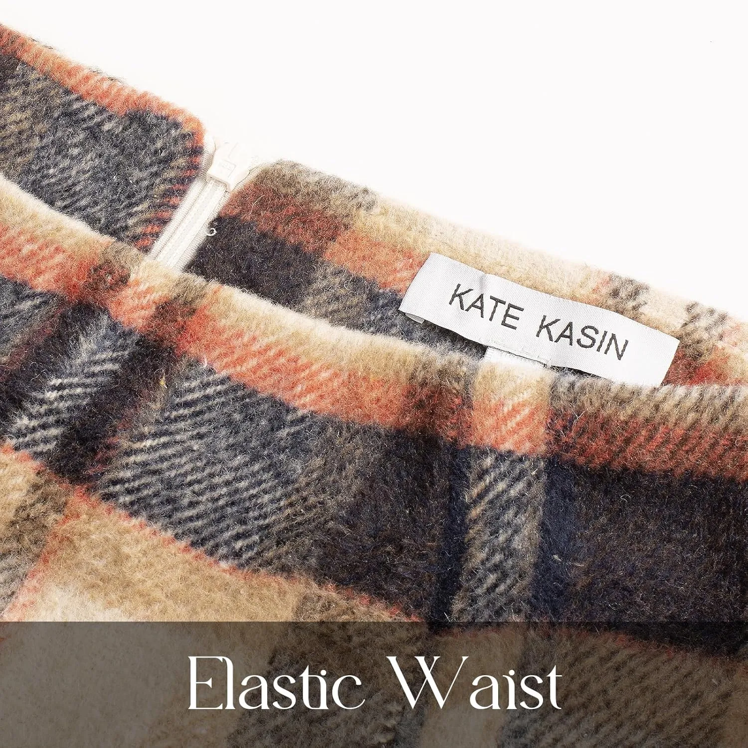 Kate Kasin Womens Wool Plaid Pencil Skirt High Waist Slit Stretchy Bodycon Fall Winter Knee Length Midi Skirt