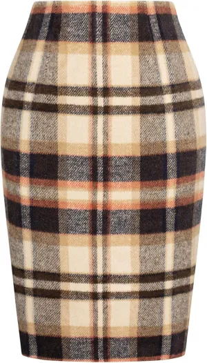 Kate Kasin Womens Wool Plaid Pencil Skirt High Waist Slit Stretchy Bodycon Fall Winter Knee Length Midi Skirt