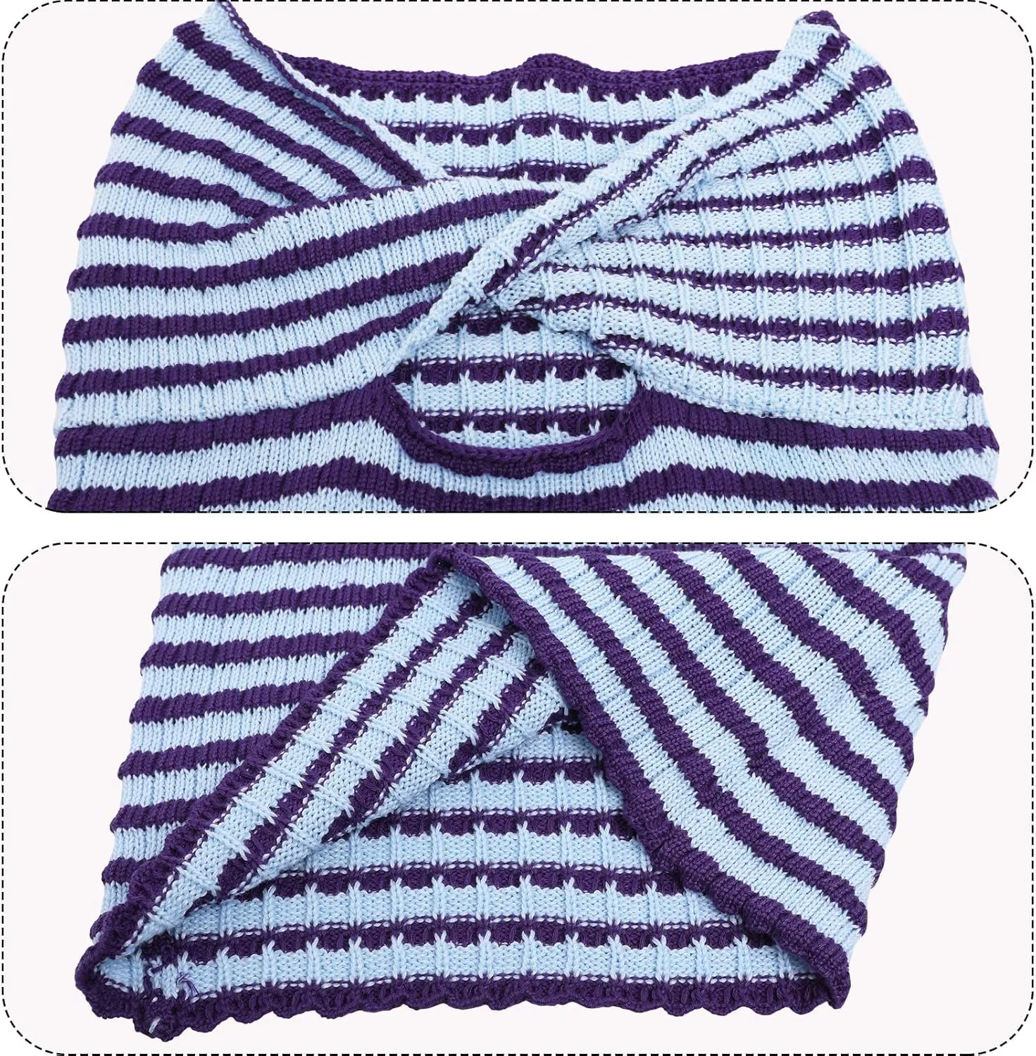 Meladyan Women Twist Front Striped Cutout Knitted Crop Tube Top Bandage Strapless Sleeveless Bandeau Cropped Shirt