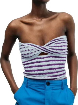 Meladyan Women Twist Front Striped Cutout Knitted Crop Tube Top Bandage Strapless Sleeveless Bandeau Cropped Shirt