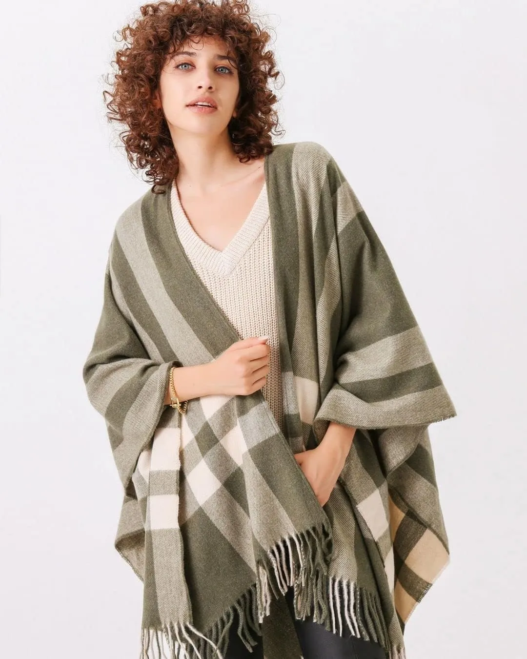 Moss Rose Women's Travel Plaid Shawl Wrap Open Front Poncho Cape for Fall Winter