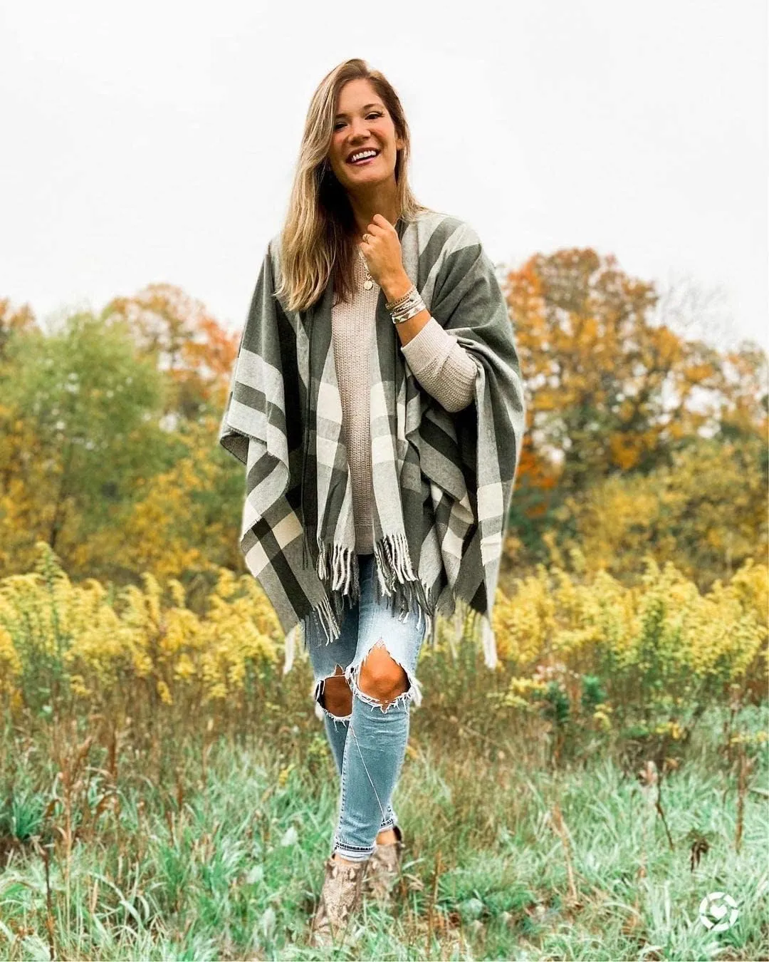 Moss Rose Women's Travel Plaid Shawl Wrap Open Front Poncho Cape for Fall Winter