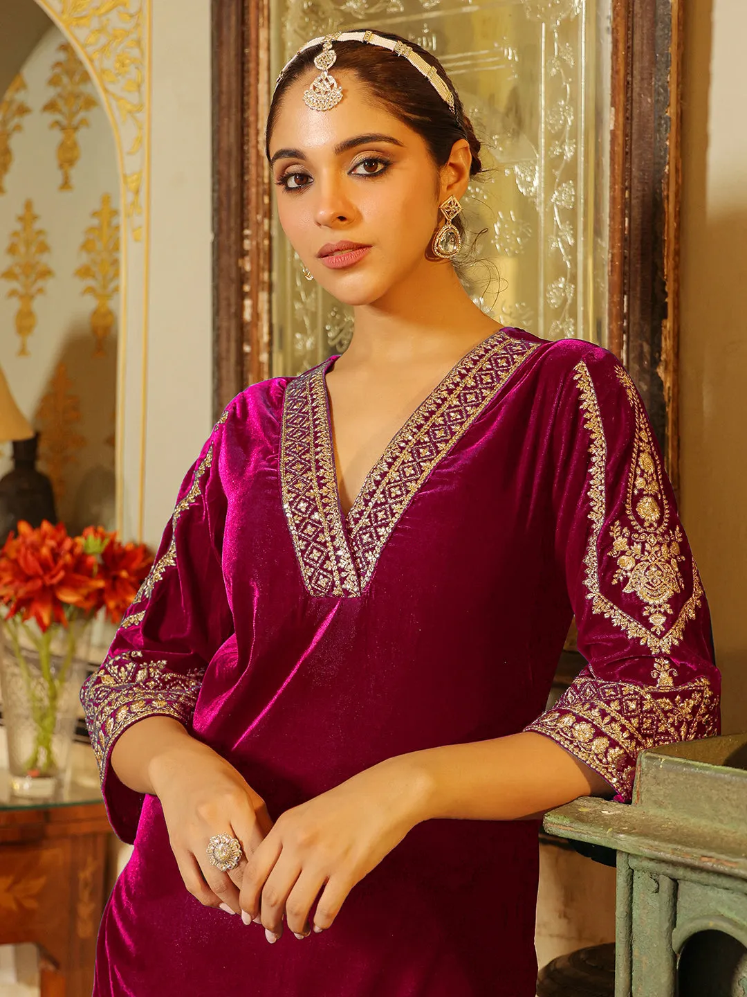 Pink Velvet Zari Embroidered Straight Kurta Set