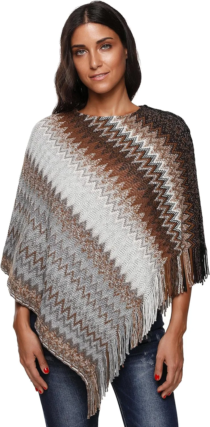SherryDC Women's Zig-Zag Knit Tassel Fringed Pullover Poncho Sweater Cape Shawl Wrap