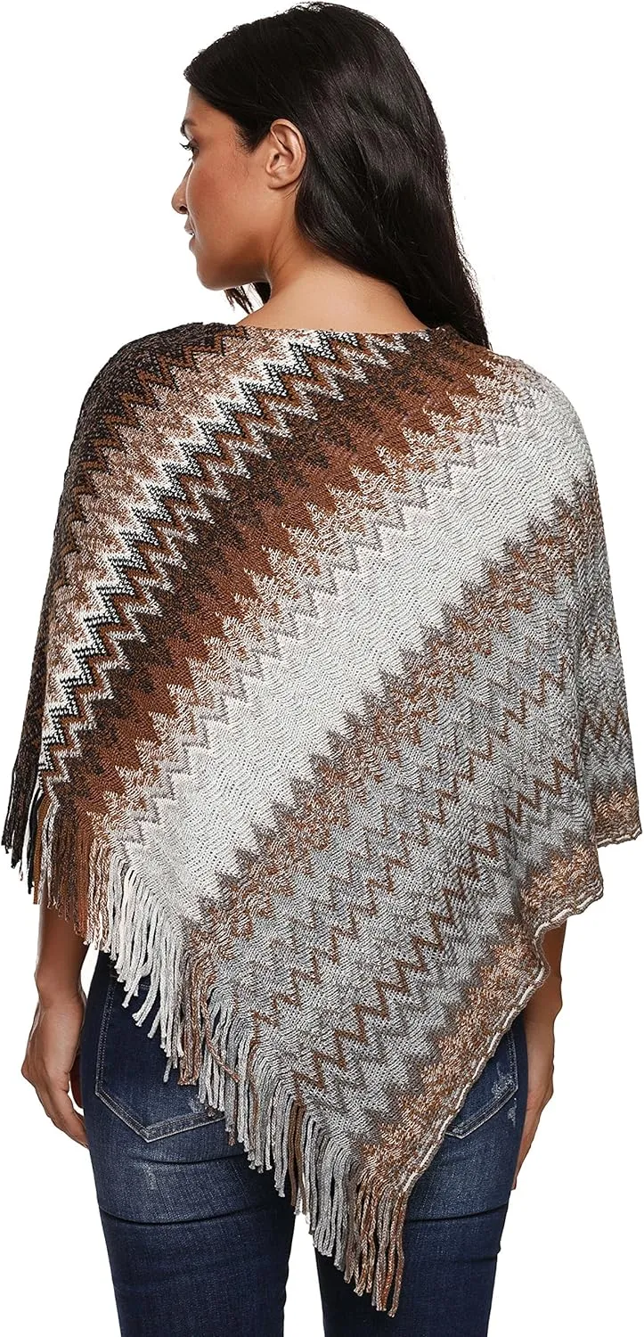 SherryDC Women's Zig-Zag Knit Tassel Fringed Pullover Poncho Sweater Cape Shawl Wrap