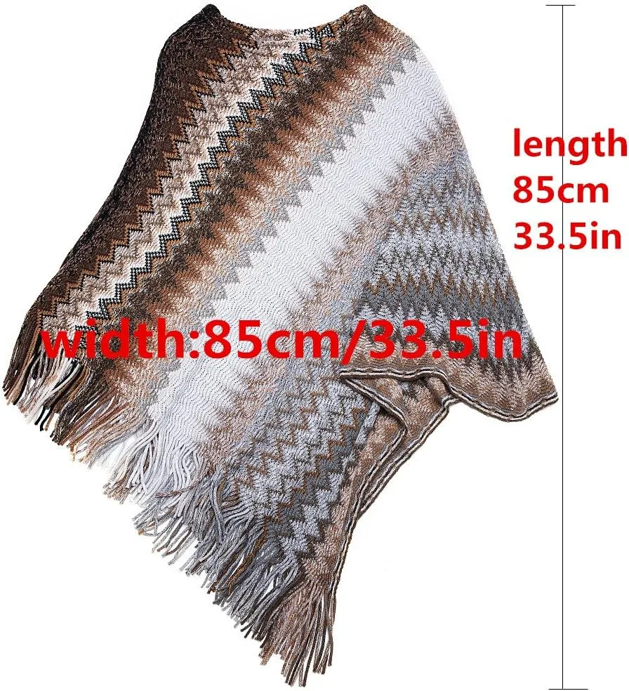 SherryDC Women's Zig-Zag Knit Tassel Fringed Pullover Poncho Sweater Cape Shawl Wrap
