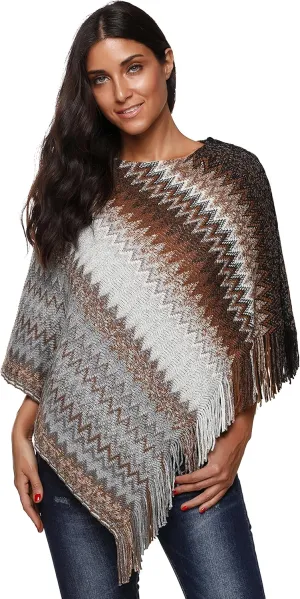 SherryDC Women's Zig-Zag Knit Tassel Fringed Pullover Poncho Sweater Cape Shawl Wrap