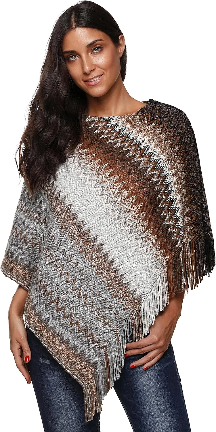 SherryDC Women's Zig-Zag Knit Tassel Fringed Pullover Poncho Sweater Cape Shawl Wrap
