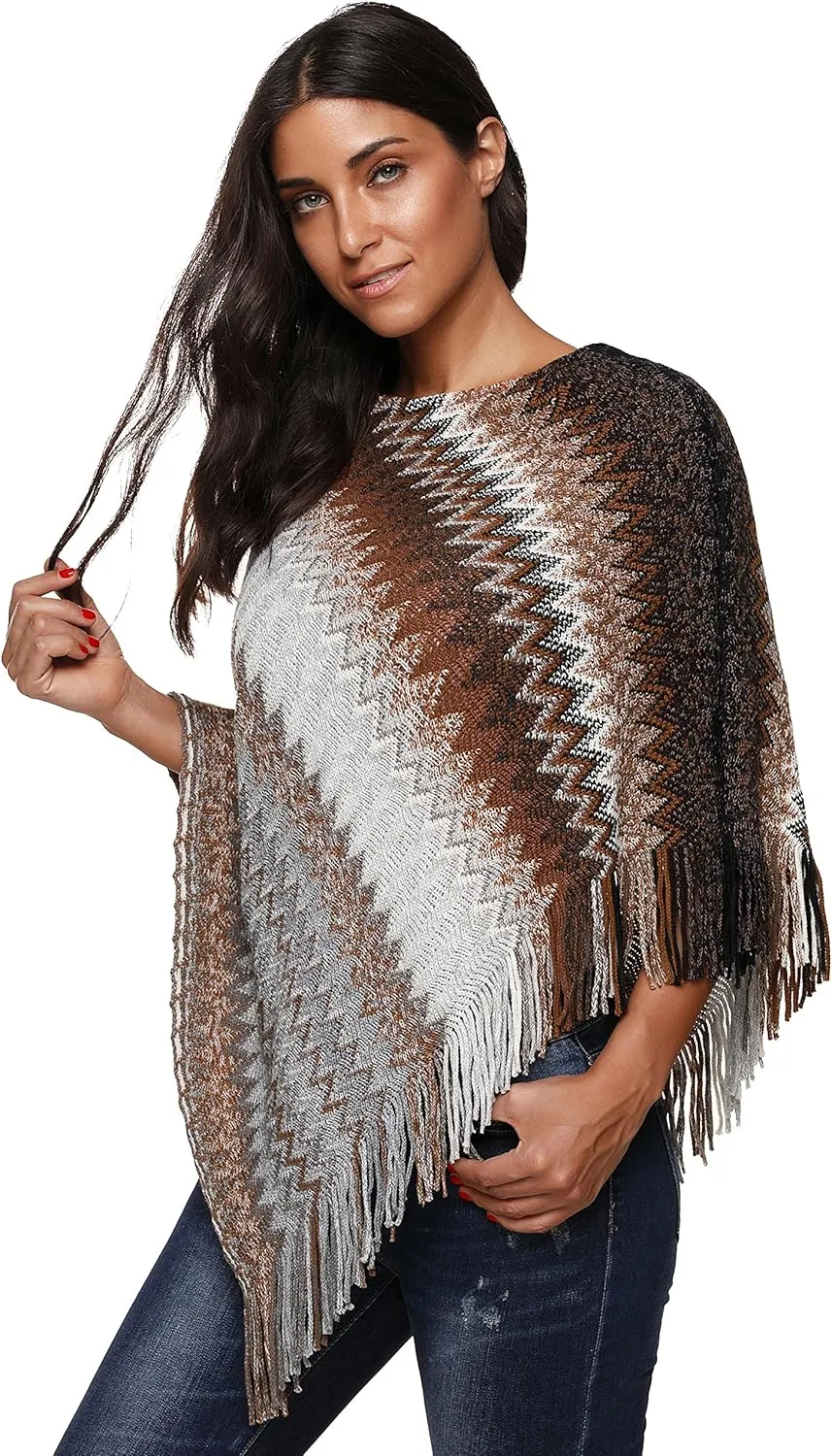 SherryDC Women's Zig-Zag Knit Tassel Fringed Pullover Poncho Sweater Cape Shawl Wrap