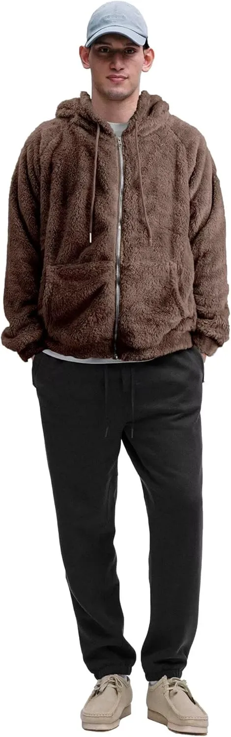 VahRuta Mens Fuzzy Zip Hoodie Sweatshirt Sherpa Plush Zipper Jacket with Hood for Men