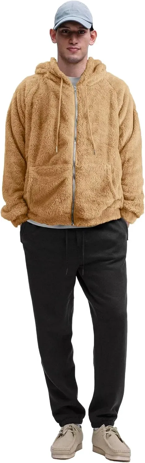 VahRuta Mens Fuzzy Zip Hoodie Sweatshirt Sherpa Plush Zipper Jacket with Hood for Men