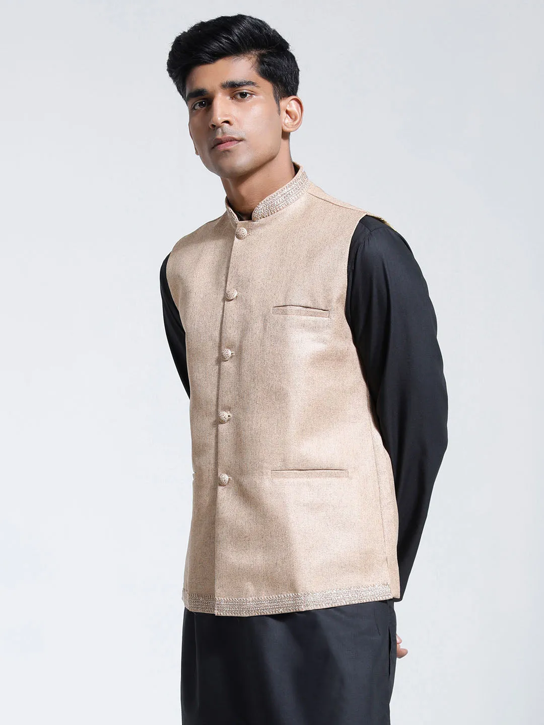 VASTRAMAY Men's Beige Jute Nehru Jacket