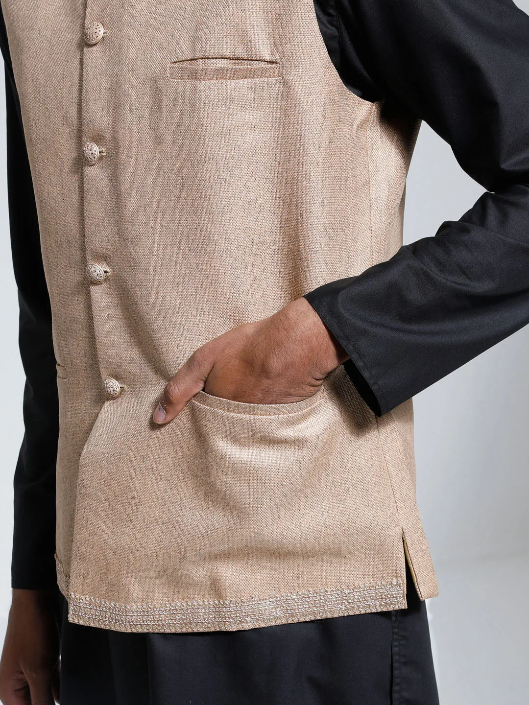 VASTRAMAY Men's Beige Jute Nehru Jacket