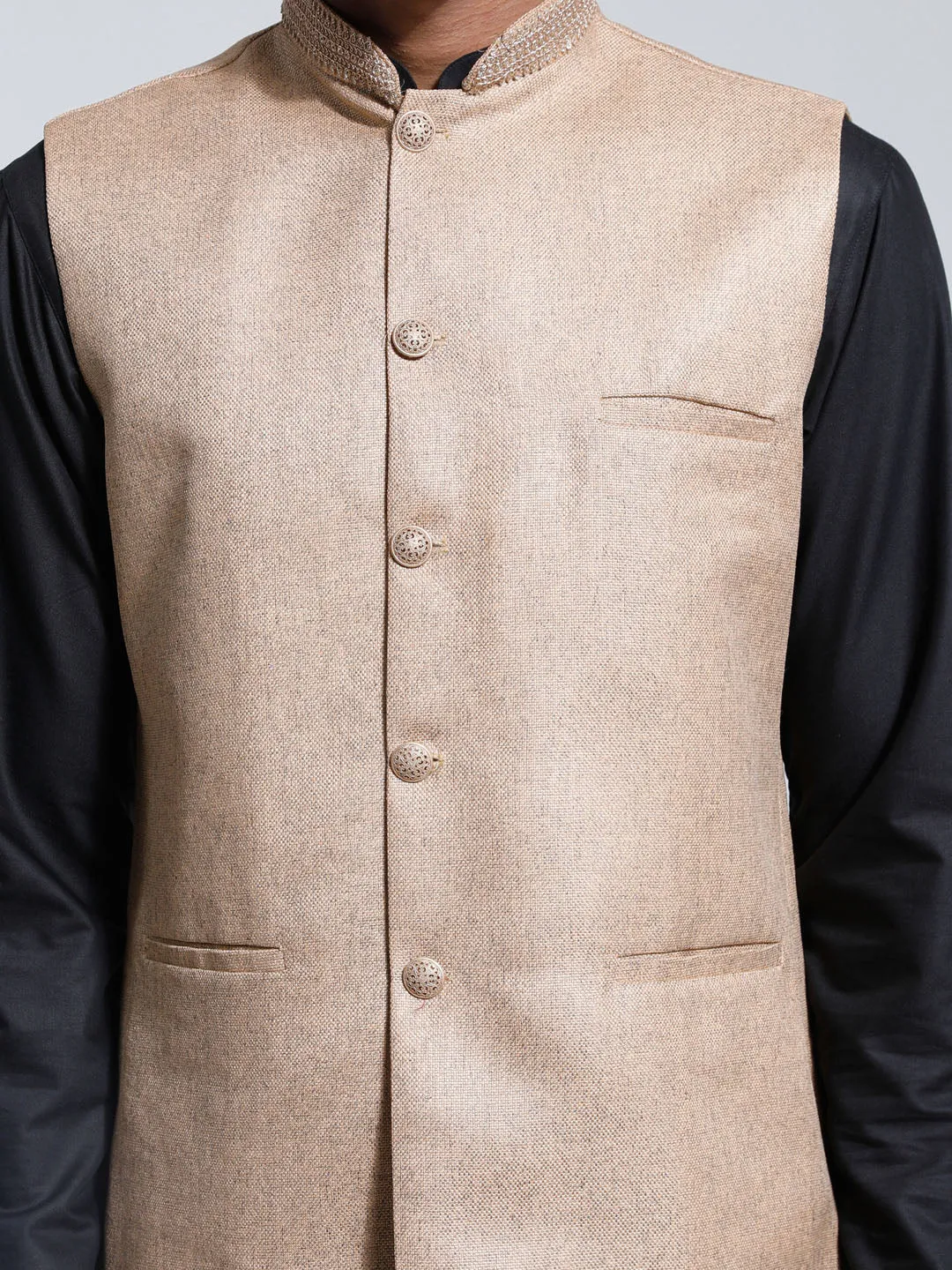 VASTRAMAY Men's Beige Jute Nehru Jacket