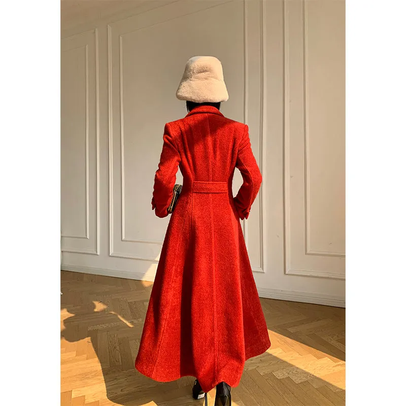 WANXO French red Hepburn style woolen coat new waist and thin long woolen coat- Crissy