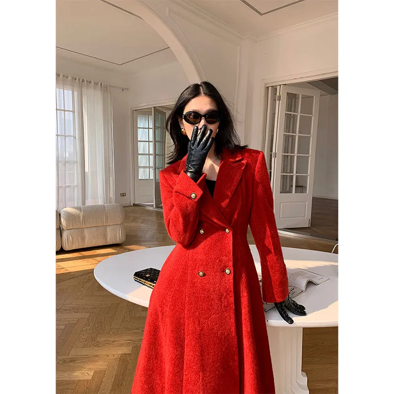 WANXO French red Hepburn style woolen coat new waist and thin long woolen coat- Crissy