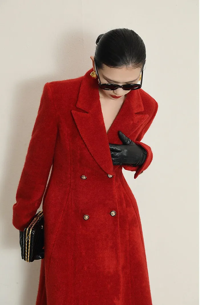 WANXO French red Hepburn style woolen coat new waist and thin long woolen coat- Crissy