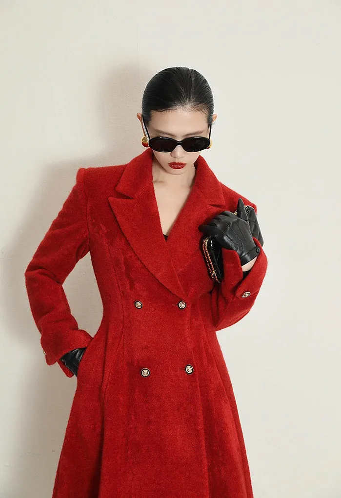 WANXO French red Hepburn style woolen coat new waist and thin long woolen coat- Crissy