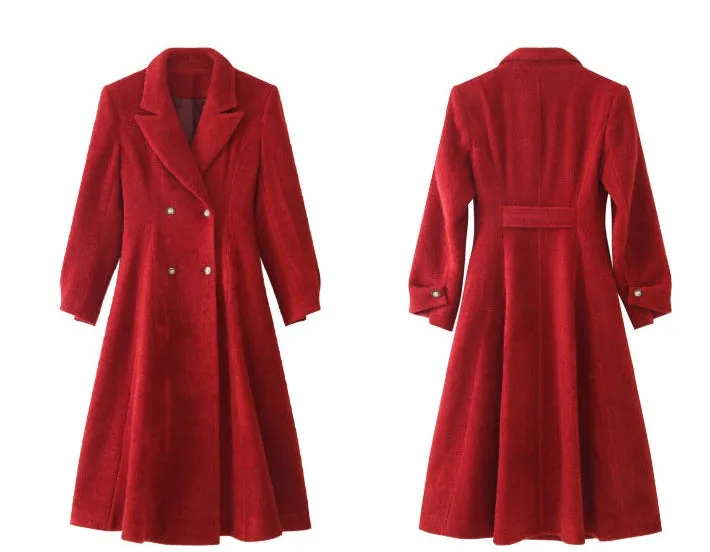 WANXO French red Hepburn style woolen coat new waist and thin long woolen coat- Crissy