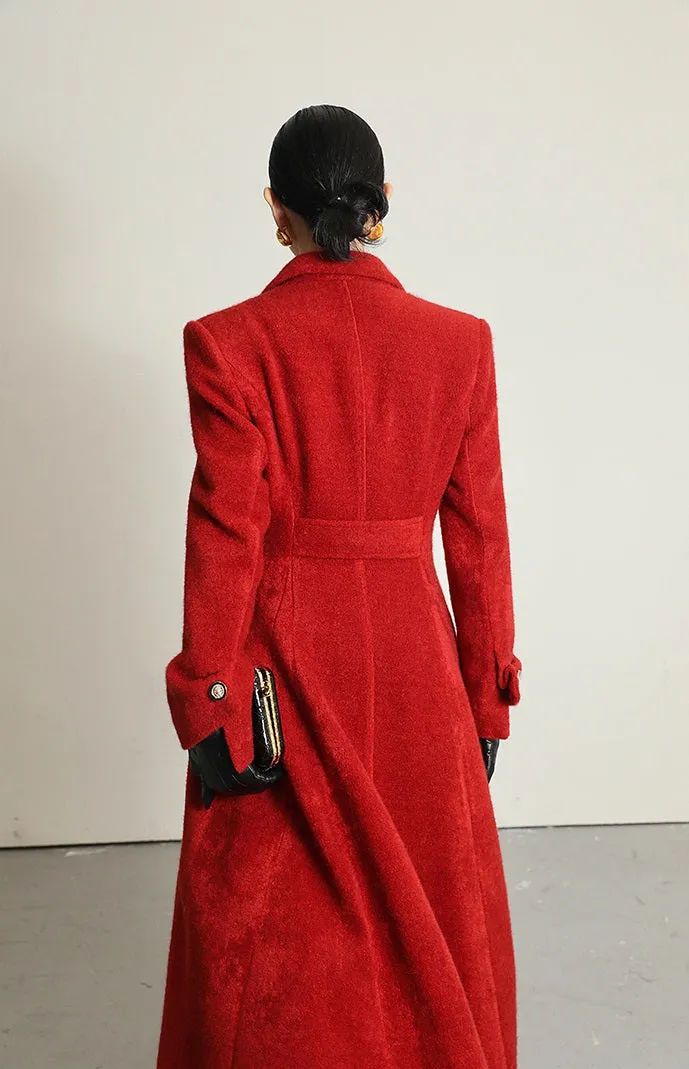 WANXO French red Hepburn style woolen coat new waist and thin long woolen coat- Crissy