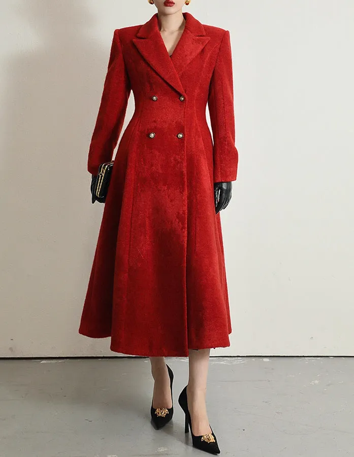 WANXO French red Hepburn style woolen coat new waist and thin long woolen coat- Crissy
