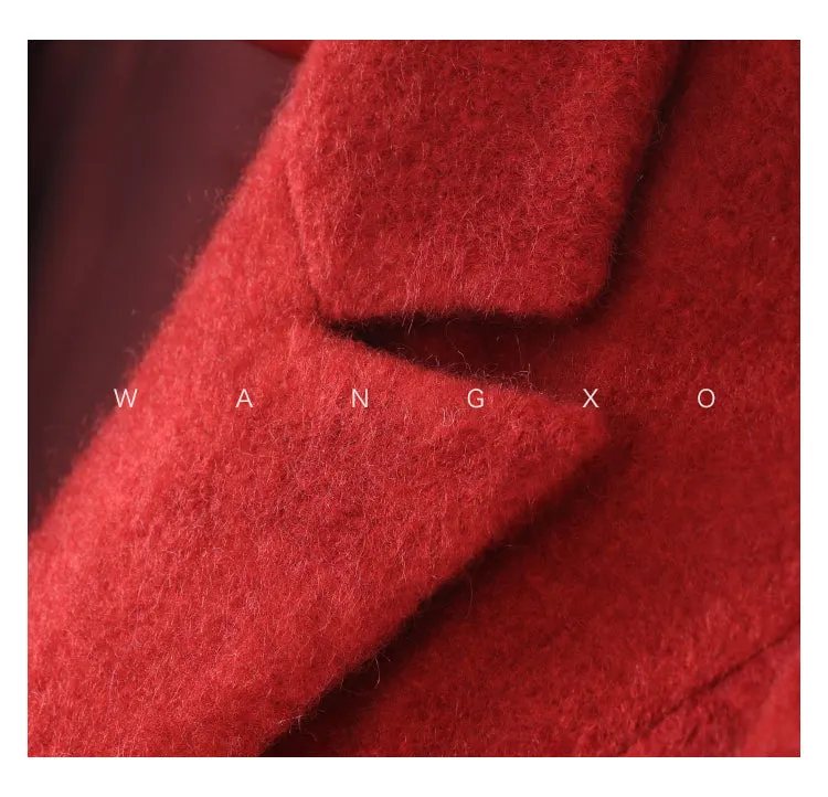 WANXO French red Hepburn style woolen coat new waist and thin long woolen coat- Crissy