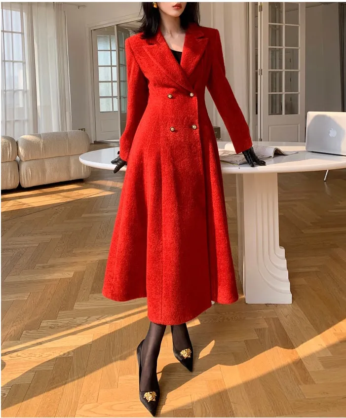 WANXO French red Hepburn style woolen coat new waist and thin long woolen coat- Crissy