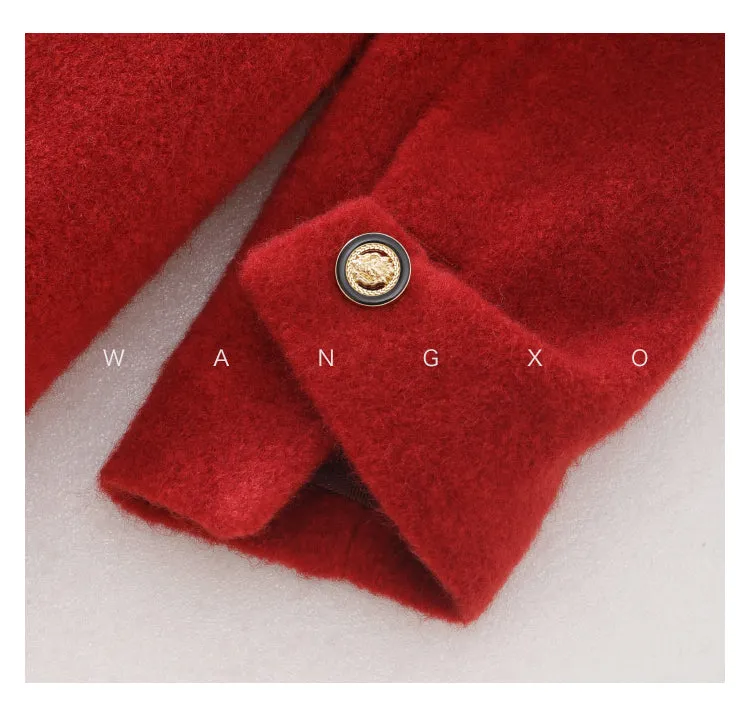 WANXO French red Hepburn style woolen coat new waist and thin long woolen coat- Crissy