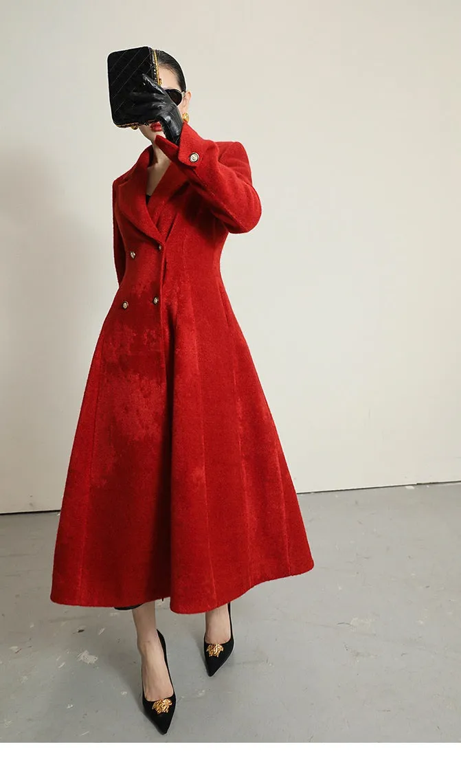 WANXO French red Hepburn style woolen coat new waist and thin long woolen coat- Crissy