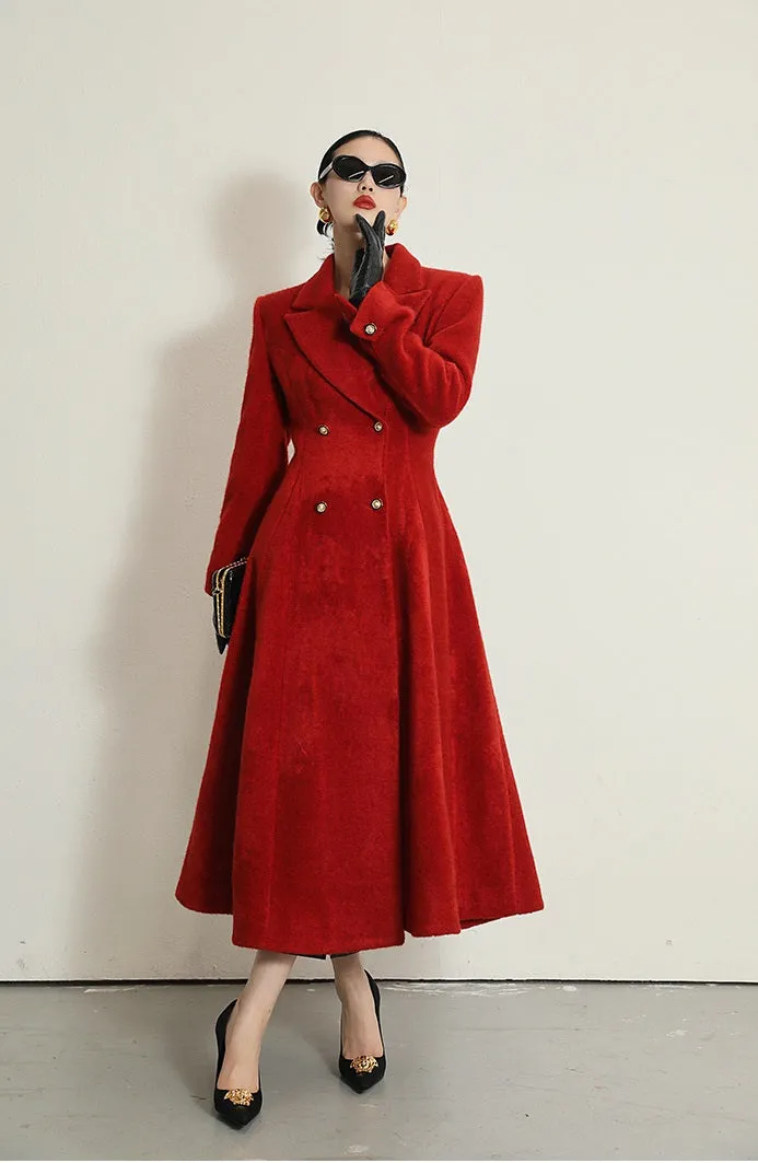 WANXO French red Hepburn style woolen coat new waist and thin long woolen coat- Crissy