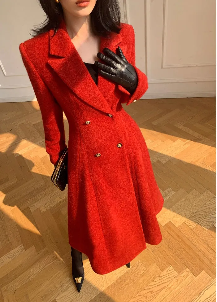 WANXO French red Hepburn style woolen coat new waist and thin long woolen coat- Crissy