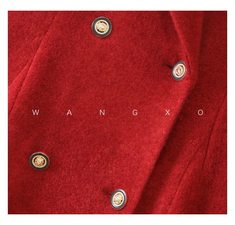 WANXO French red Hepburn style woolen coat new waist and thin long woolen coat- Crissy