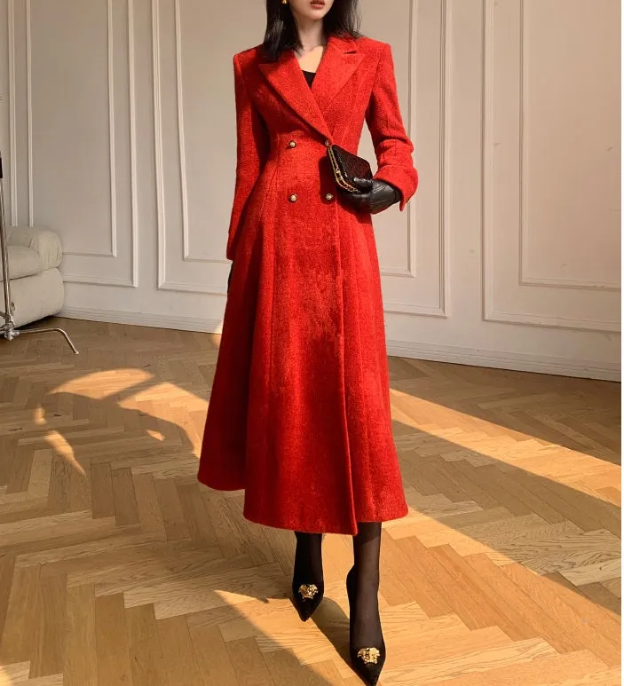 WANXO French red Hepburn style woolen coat new waist and thin long woolen coat- Crissy