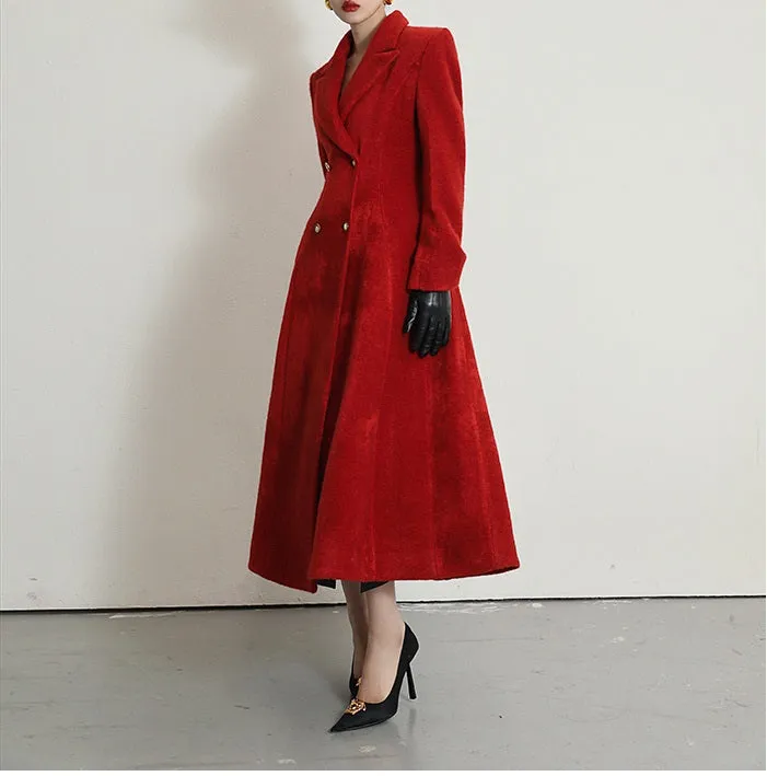 WANXO French red Hepburn style woolen coat new waist and thin long woolen coat- Crissy