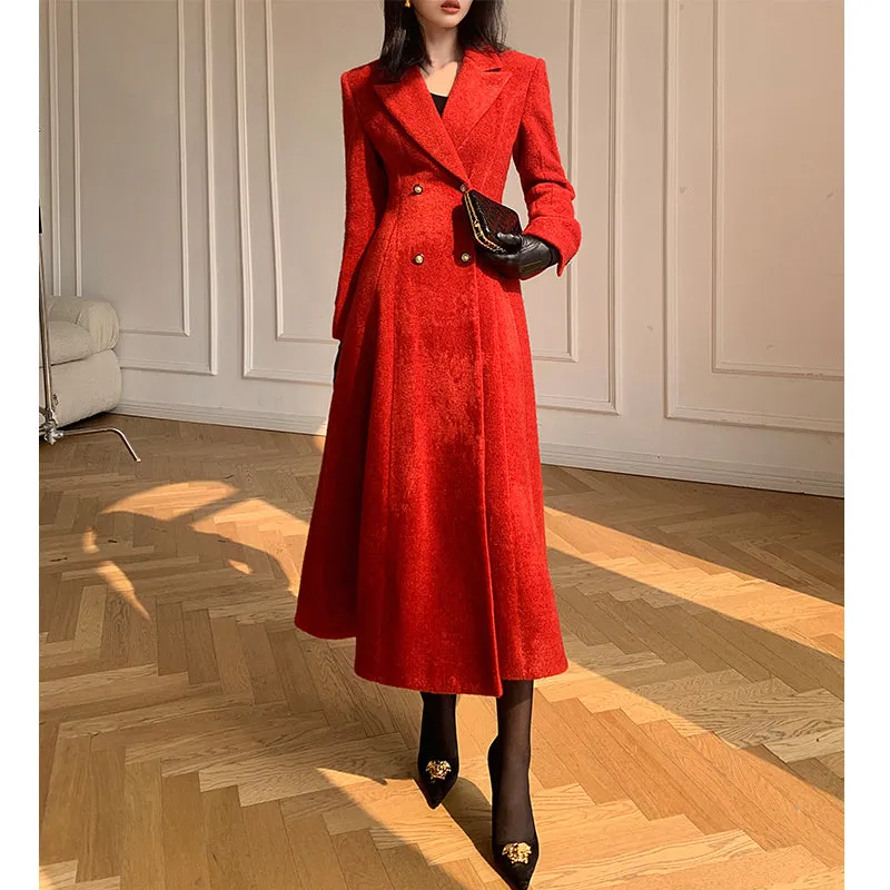 WANXO French red Hepburn style woolen coat new waist and thin long woolen coat- Crissy