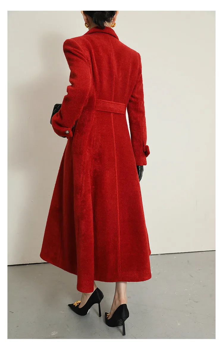WANXO French red Hepburn style woolen coat new waist and thin long woolen coat- Crissy
