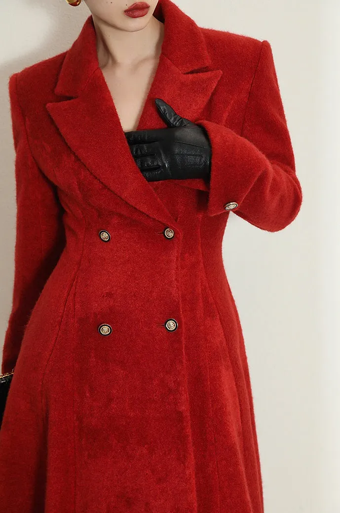 WANXO French red Hepburn style woolen coat new waist and thin long woolen coat- Crissy
