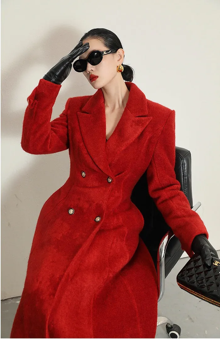 WANXO French red Hepburn style woolen coat new waist and thin long woolen coat- Crissy