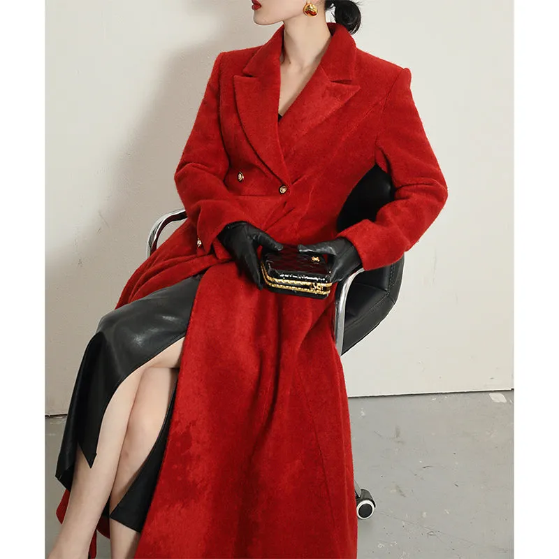 WANXO French red Hepburn style woolen coat new waist and thin long woolen coat- Crissy