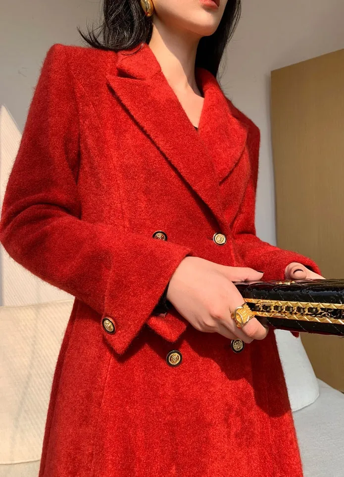 WANXO French red Hepburn style woolen coat new waist and thin long woolen coat- Crissy