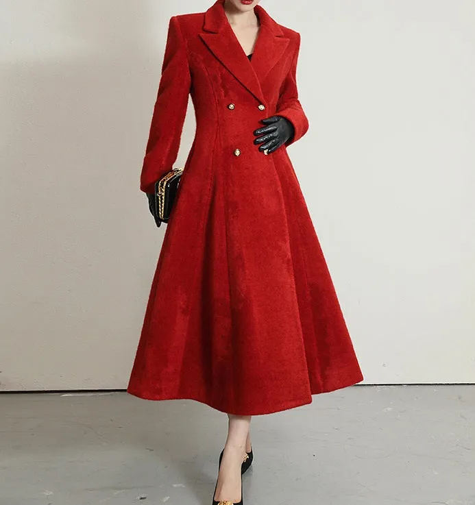 WANXO French red Hepburn style woolen coat new waist and thin long woolen coat- Crissy