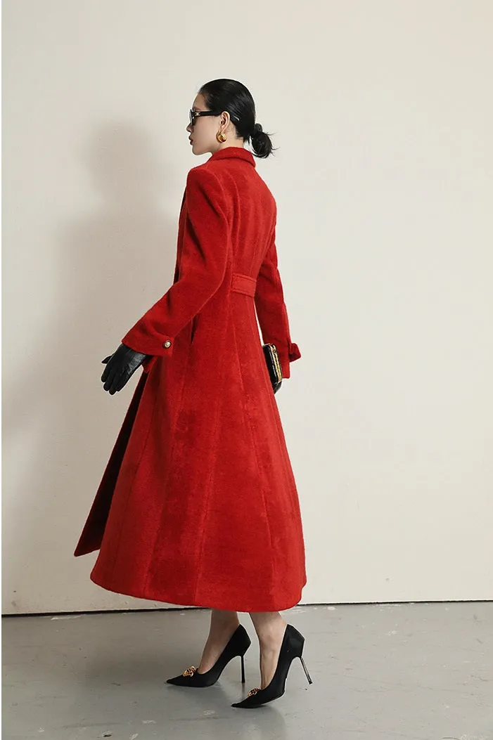 WANXO French red Hepburn style woolen coat new waist and thin long woolen coat- Crissy