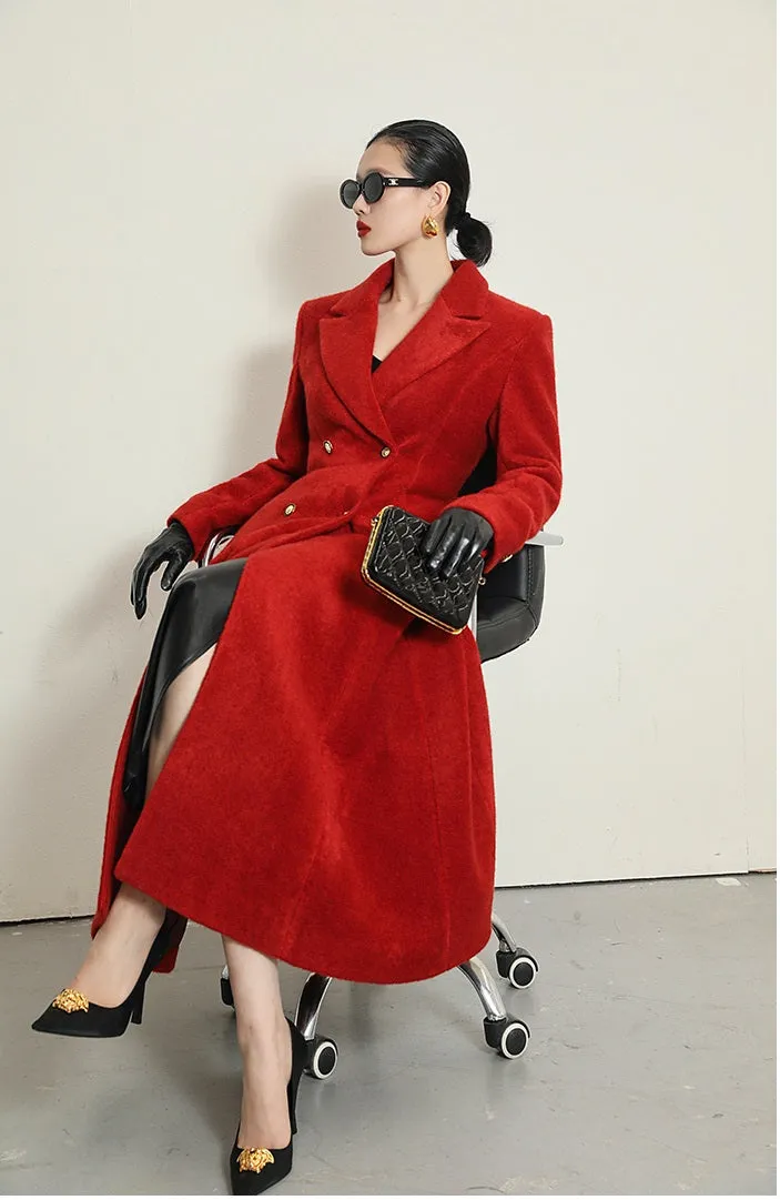 WANXO French red Hepburn style woolen coat new waist and thin long woolen coat- Crissy
