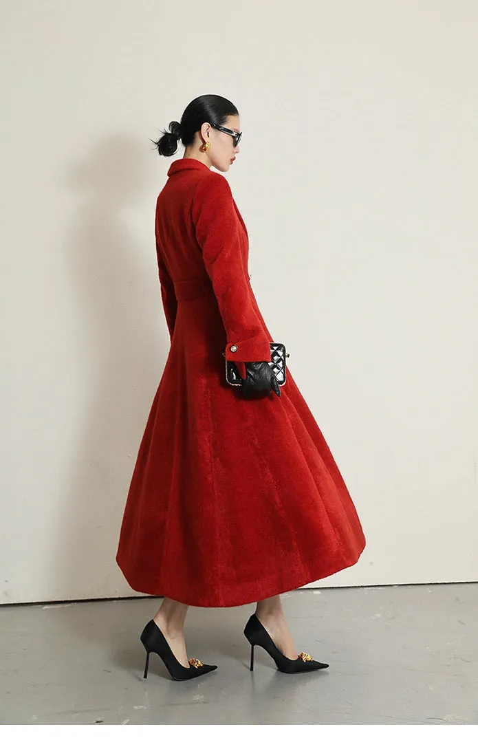 WANXO French red Hepburn style woolen coat new waist and thin long woolen coat- Crissy