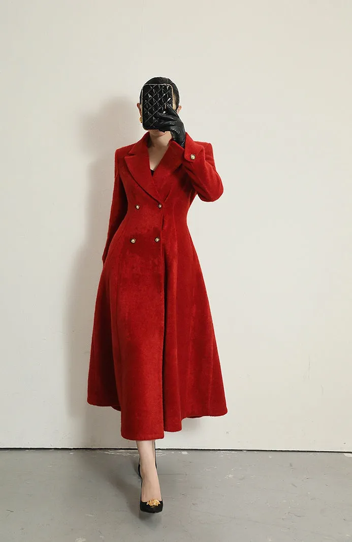 WANXO French red Hepburn style woolen coat new waist and thin long woolen coat- Crissy