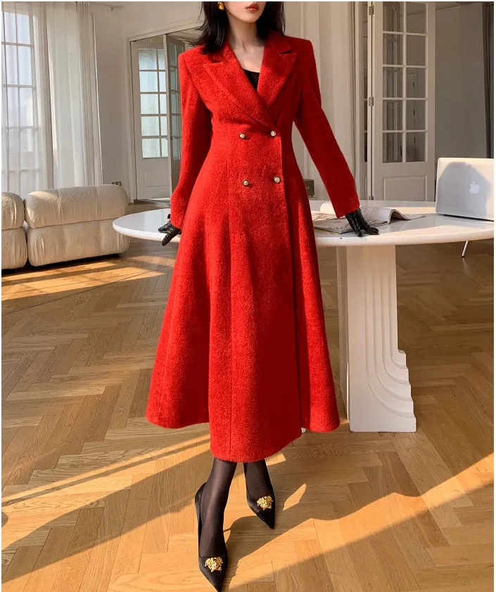 WANXO French red Hepburn style woolen coat new waist and thin long woolen coat- Crissy