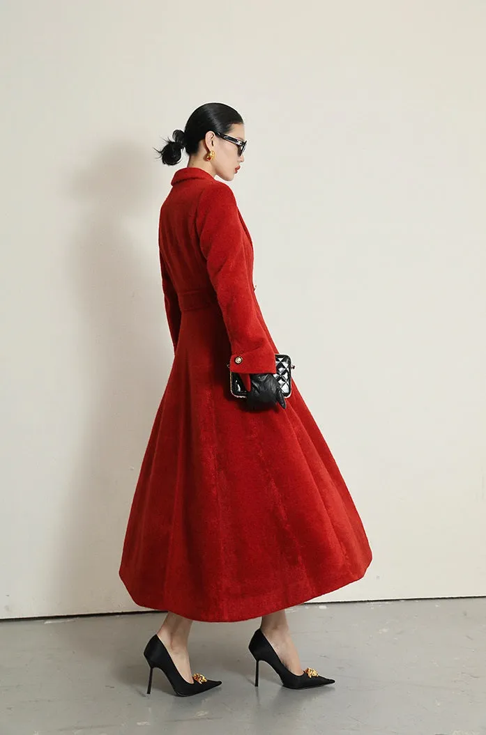 WANXO French red Hepburn style woolen coat new waist and thin long woolen coat- Crissy