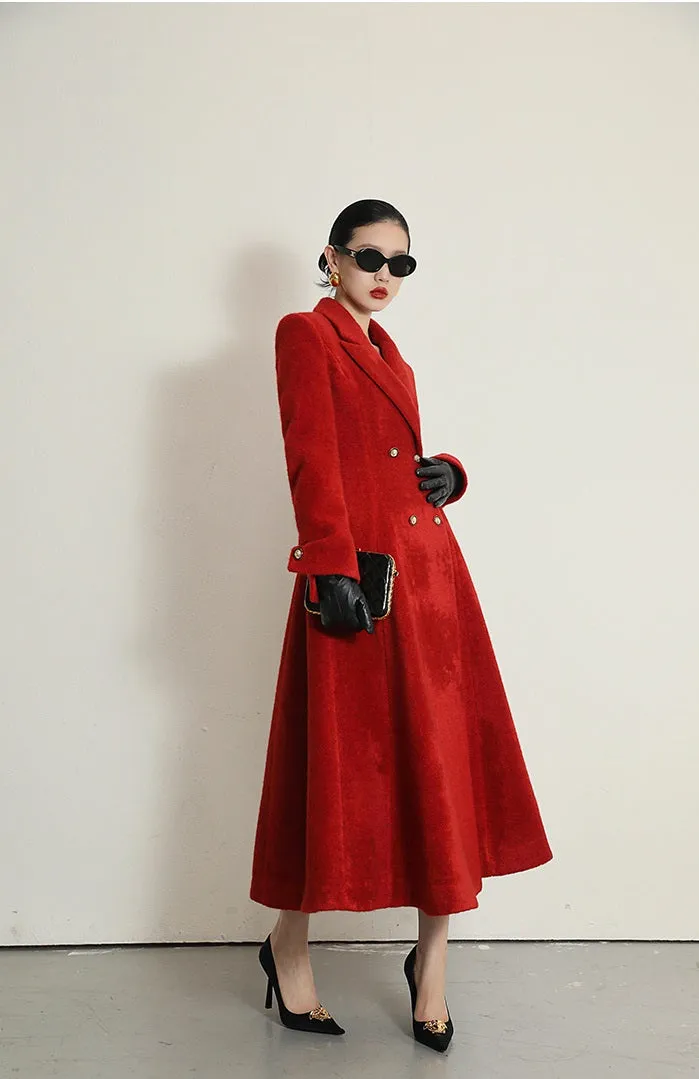 WANXO French red Hepburn style woolen coat new waist and thin long woolen coat- Crissy