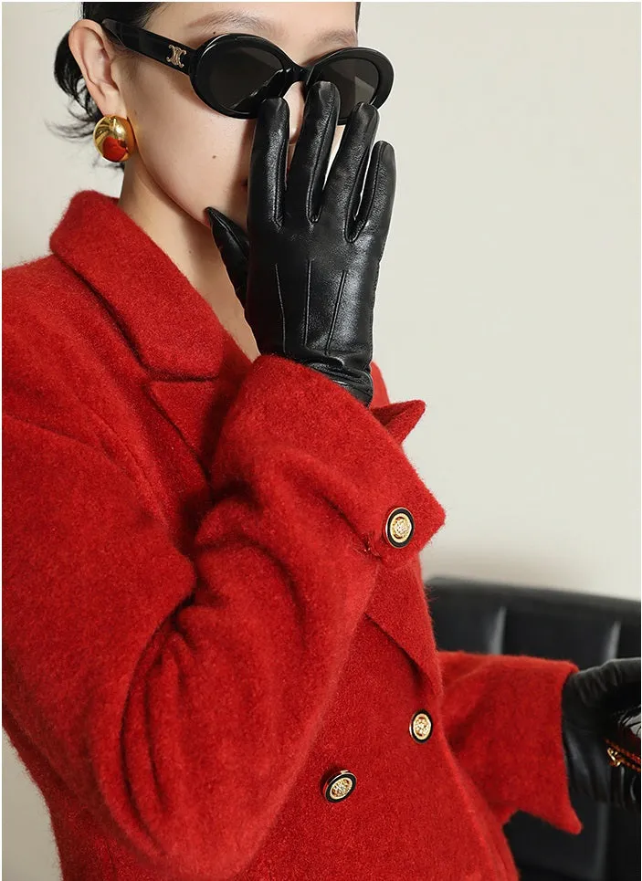 WANXO French red Hepburn style woolen coat new waist and thin long woolen coat- Crissy