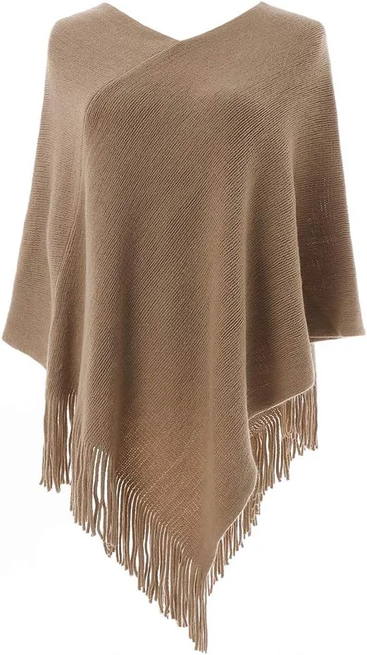 Women Poncho Sweater V Neck Solid Knit Pullover Cape Lightweight Shawl Elegant Wrap with Fringes Gifts for Womens